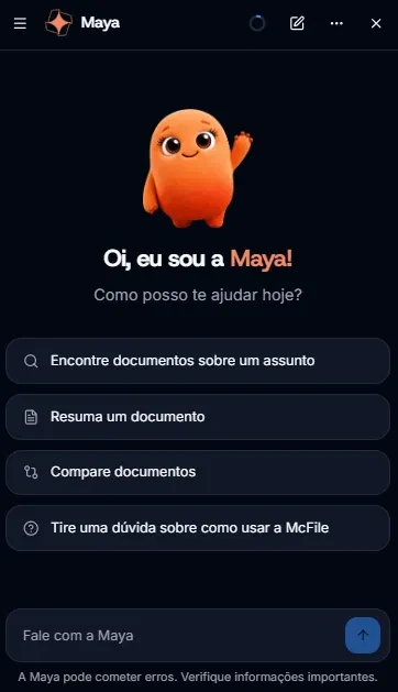 Tela inicial da Maya, IA da McFile para o jurídico, com atalhos para encontrar, resumir e comparar documentos